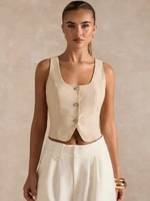 SHEIN BAE Autumn Women's Sexy Backless Vest Jacket Top, Suitable For Summer Wear, Sexy Vest, Backless Vest, Streetwear Vest, Office Wear.,Fall,Valentine's Day,Valentine Outfits For Women - Khaki - View 5