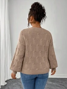 Elenzga Sweater Rajut Lengan Panjang Leher V Ukuran Besar untuk Wanita, Gaya Kasual Musim Dingin, Gugur, dan Musim Panas - Aprikot - View 2