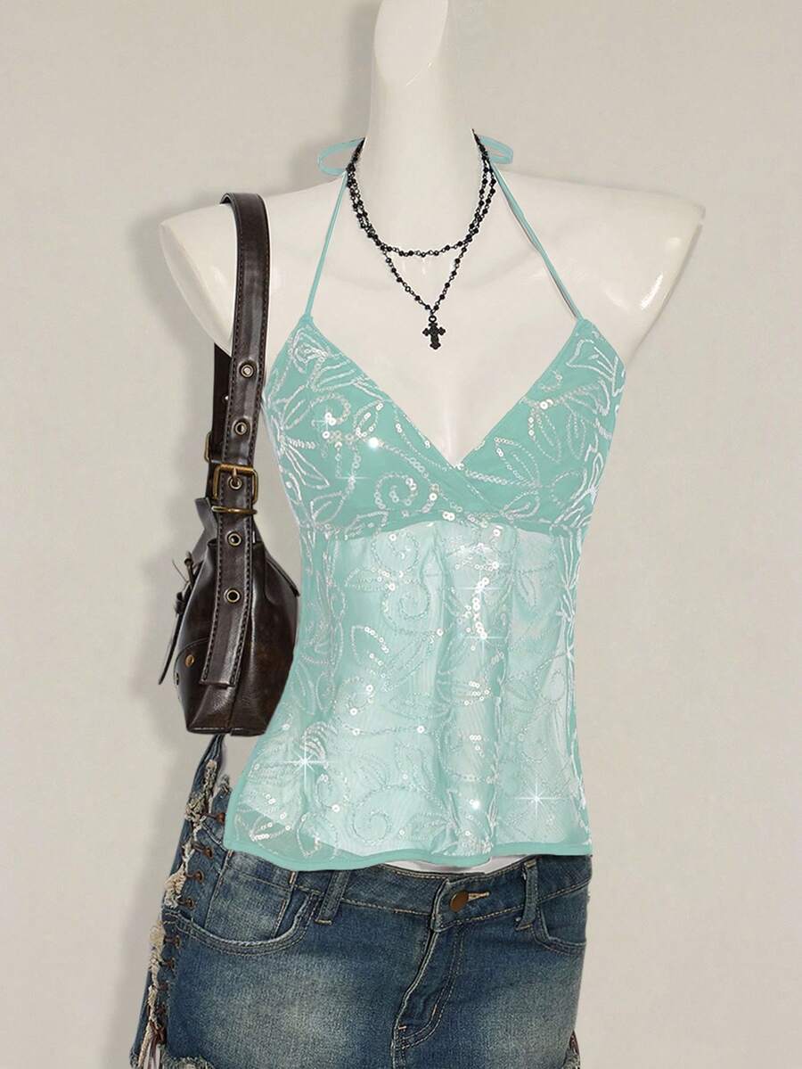 SHEIN ICON Women's Y2K Sexy Sequin Mesh Backless Halter Crop Top Light Blue Sequined Tank Top - Blue - View 1