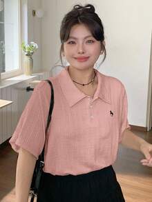 Dazy Plus Valentine Apricot Basic Polo Collar Embroidered Turndown Collar Short Sleeve Summer Plus Size T-Shirt - Pink - View 3