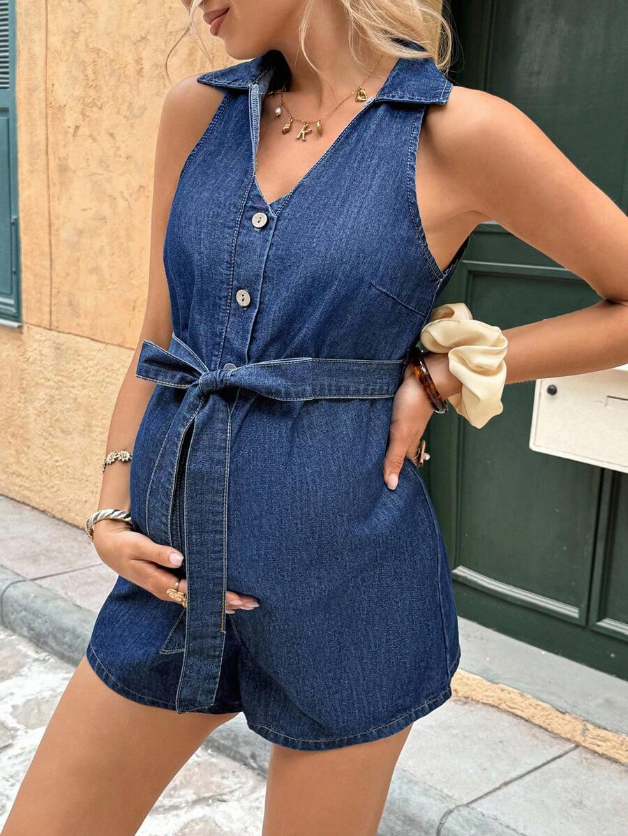 SHEIN 孕妇休闲无袖牛仔连体衣 - 藍色 - 查看 1