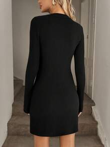 Easowa 休闲毛绒罗纹紧身 A 字长袖黑色迷你连衣裙，女士秋冬黑色罗纹连衣裙纽扣连衣裙长袖罗纹连衣裙女式罗纹连衣裙罗纹针织连衣裙女式黑色连衣裙
