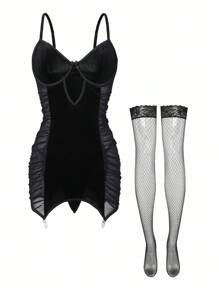 SHEIN 4pcs Set: Vintage Velvet Contrast Mesh Underwire Pleated Bodycon Skirt + G-String + 2pcs Mesh Stockings For Going Out, Baddie Look - Black - View 6