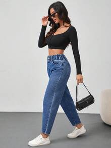 SHEIN Tall 女士牛仔裤休闲修身锥形裤宽腰蓝色牛仔裤高腰女式牛仔裤女式裤子冬季女式裤子牛仔服装 - 中等水洗藍 - 查看 3