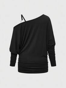 ROMWE Grunge Punk Elegant Cute Tropical Purple Vine Cross Shoulder Bat Wing Elastic Ruched Women T-Shirt - Purple - View 2