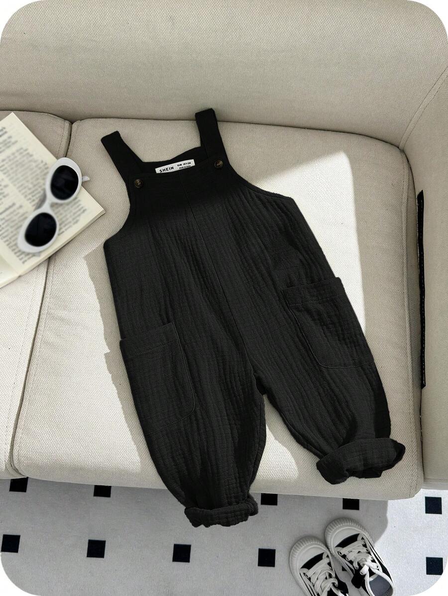 SHEIN Cute Casual Solid Color Cotton Overalls, Versatile For Baby Boys & Girls, Suitable For Spring/Summer - Black - View 1