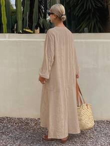 DAZY Đầm maxi nữ dáng rộng, thoải mái, chất liệu vải lanh, thích hợp cho mùa hè. - Màu Khaki - Xem 5
