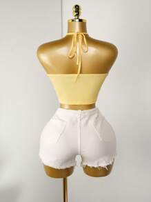 Zolique Women's Solid Color Cutout Cropped Fitted Sexy Halter Crop Top - Yellow - View 2