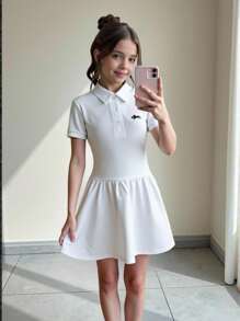 女童刺绣装饰短袖连衣裙 - 白色 - 查看 3