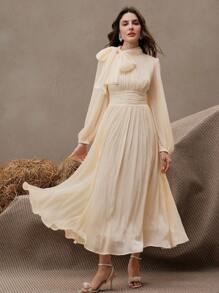 Anewsta Women's Long Dress, Spring & Autumn, Waist Pleated Shiny Elegant & Versatile - Champagne - View 3