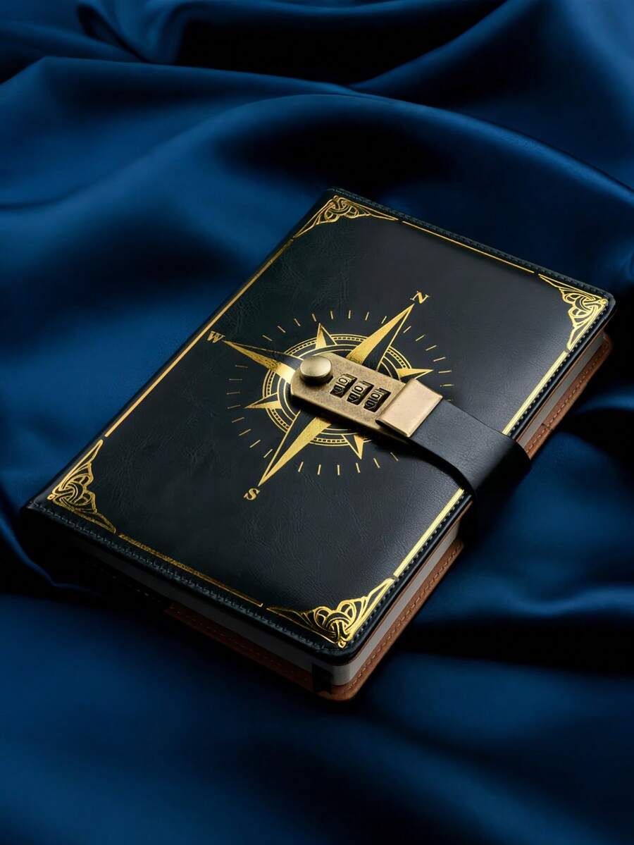 SHEIN 1 pieza Cuaderno con patrón de brújula negra, diario vintage y creativo con protección de contraseña