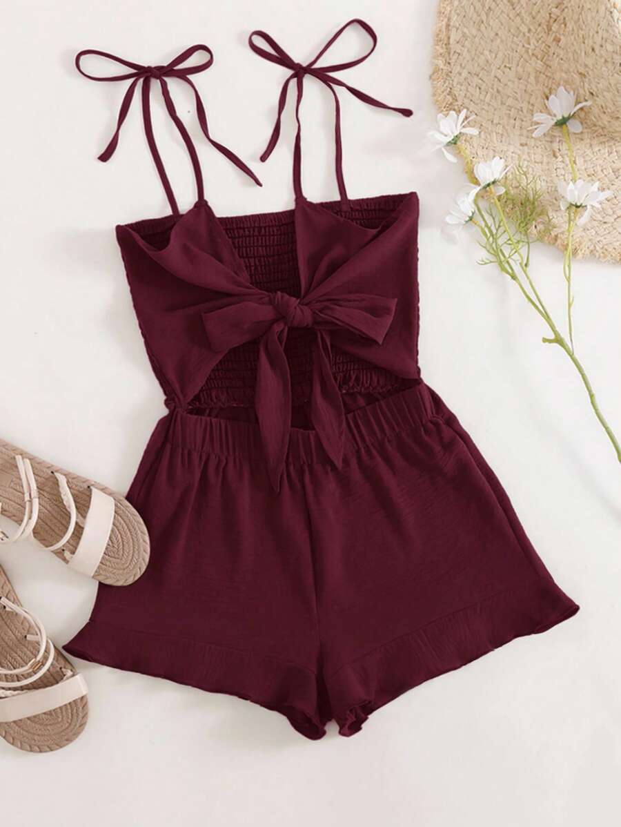 Breezaya Bow Knot Cami Romper With Frill Hem - Burgundy - View 1