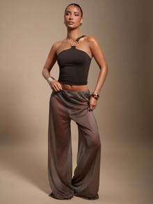 Hauture 女式纯色环状连接无袖时尚修身衬衫 - 卡其色 - 查看 2