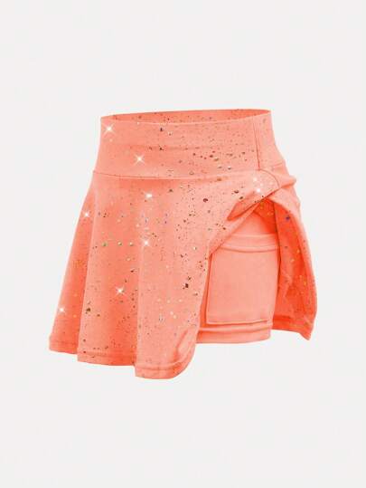 SHEIN Young Girls Activewear Coral Orange Elastic Starry Sky Print Comfortable Breathable Dance/Yoga Skirt