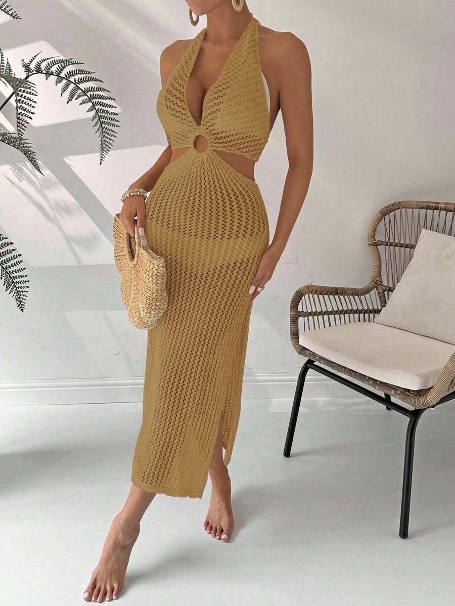 Swim Lushoire Women's Solid Color Ring Connected Waist Hollow Out Halter Neck Cover Up Dress, Vacation - Yellow - View 1