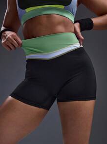 Powerista Contrast Color Patchwork High Waist Seamless Sports Shorts - Black - View 7
