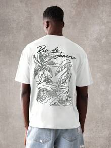 SUMWON 宽松版型里约热内卢热带棕榈波浪印花夏季沙滩装常规版型休闲周末 T 恤 - 白色 - 查看 1