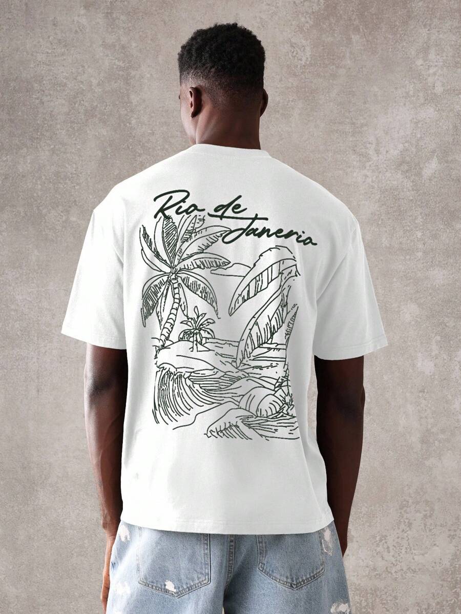 SUMWON 宽松版型里约热内卢热带棕榈波浪印花夏季沙滩装常规版型休闲周末 T 恤 - 白色 - 查看 1