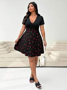 Solflare Plus Size Women Cherry Print V-Neck Short Sleeve Casual Dress, Suitable For Daily Wear, Spring/Summer