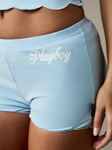 Missguided x Playboy Conjunto de pijama de top de tirantes y pantalones cortos con borde festoneado de Navidad - Azul - Ver 4