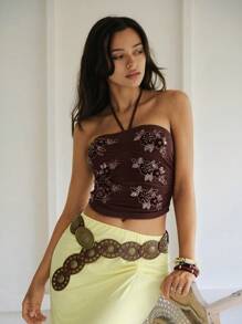 Easelle Neckholder-Top in Kaffeefarbe mit Paillettenbesatz, Outdoor-Urlaubsoutfit für modische Damen - Kaffeebraun - Übersicht 7