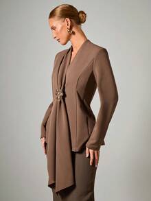 COSMINA 女士金属花朵装饰长袖优雅薄款西装外套，秋冬商务休闲女士 - 咖啡棕 - 查看 6