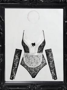 Fantasy Costume 大码性感内衣套装，5件套黑白蕾丝 - 黑與白 - 查看 4