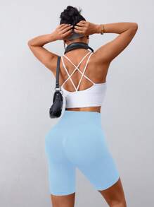 Sovereign Charm 女士纯色运动短裤，后部有褶皱设计，蓝色短裤女士运动短裤、健身短裤、骑行短裤 - 淺藍色 - 查看 2