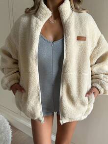 SHEIN Kurtka dla nastolatek, dwustronna, polarowa, w jednolitym kolorze, ze stójką, zapinana na zamek błyskawiczny, z kieszeniami, długimi rękawami, swobodna, odpowiednia na jesień i zimę, na powrót do szkoły, dla czystych dziewcząt, swobodna, sportowa kurtka uniwersytecka