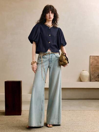 Arave Blusa de mujer de verano con cuello redondo, manga de farol y diseño texturizado, con hilos dorados brillantes tejidos