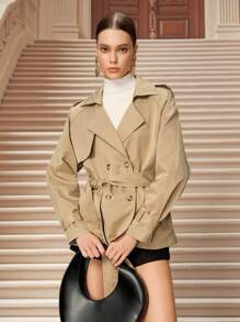 SHEIN Unity Women's Fashion Loose Short Waist Belt Windbreaker Fall Winter Cloth For Women - Khaki - View 5