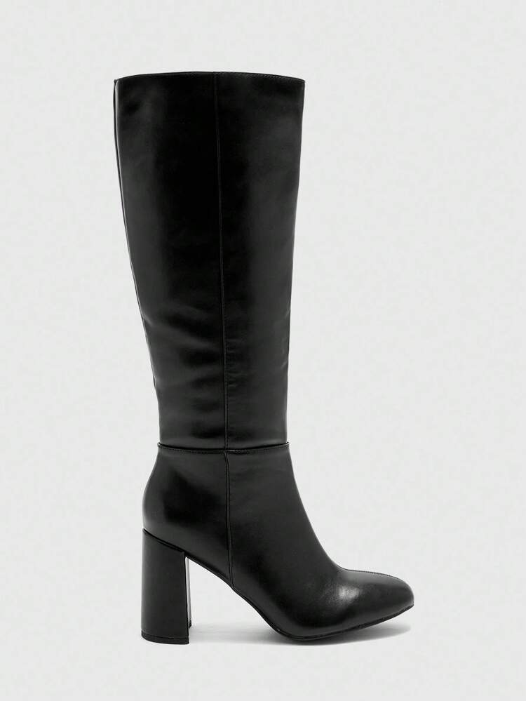 CUCCOO BIZCHIC New Zip Side Black Chunky Heel British Knight Motorcycle Mid-Calf Boots For Women