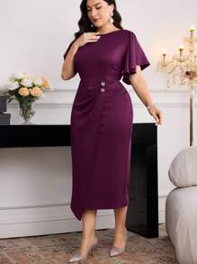 Modelyn Plus Size Women's Solid Color Round Neck Ruffle Short Sleeve Pleated Elegant Dress - Purple - View 6