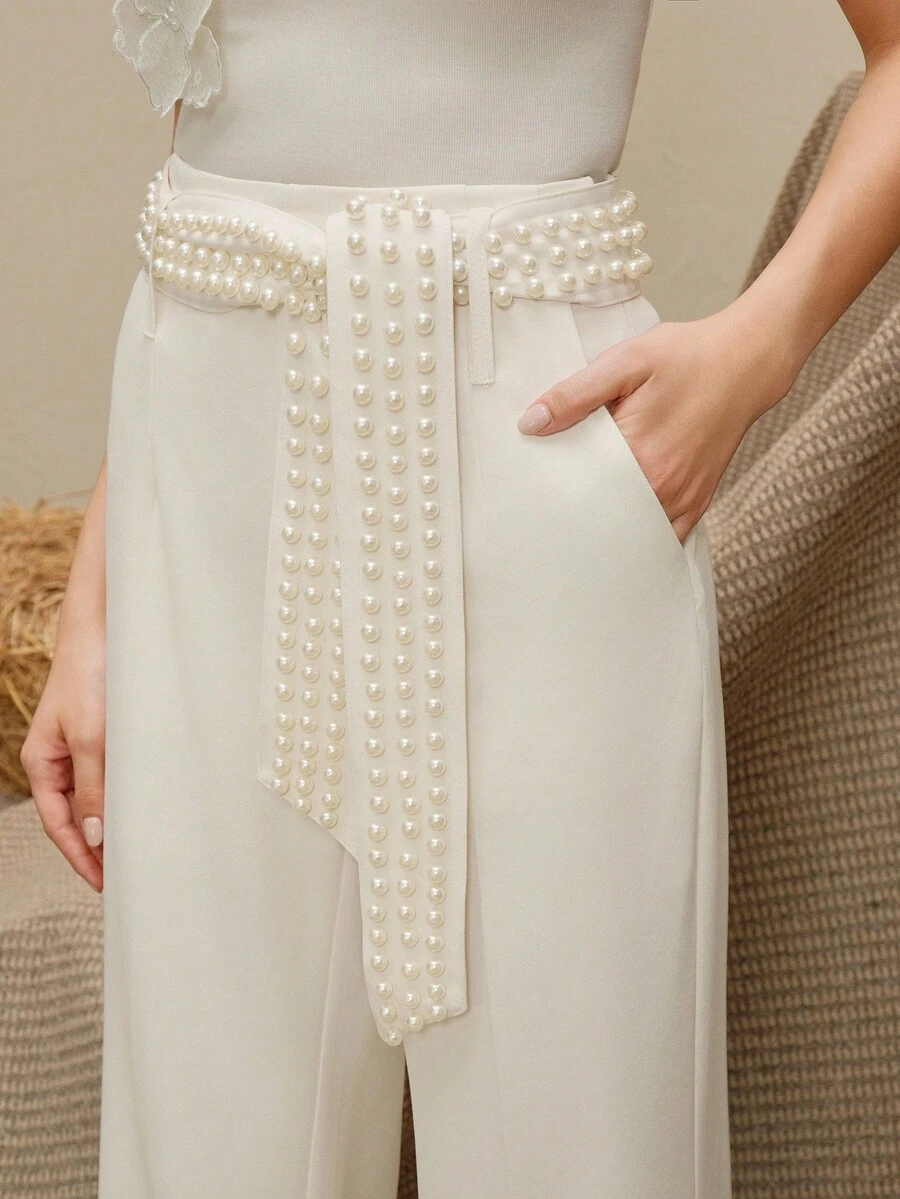 Anewsta Tall Quần ống rộng nữ thanh lịch, thời trang công sở và hẹn hò, thắt lưng đính cườm, kiểu dáng xuân/hè. - Màu be - Xem 1