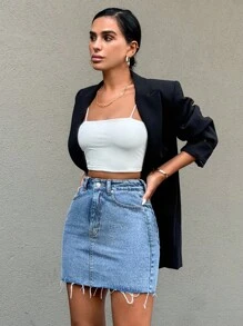 EURMUSE Petite Solid Mini Denim Skirt - Medium Wash - View 5