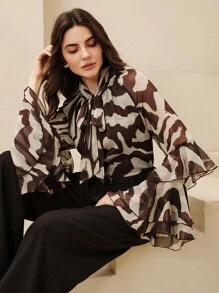 Anewsta Blusa elegante de cuello redondo con mangas de campana raglán, tirantes finos y estampado semitransparente - Marrón - Ver 7