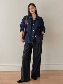 Dazy-Less 女士宽松商务休闲工装风格牛仔夹克，大口袋，适合秋冬季