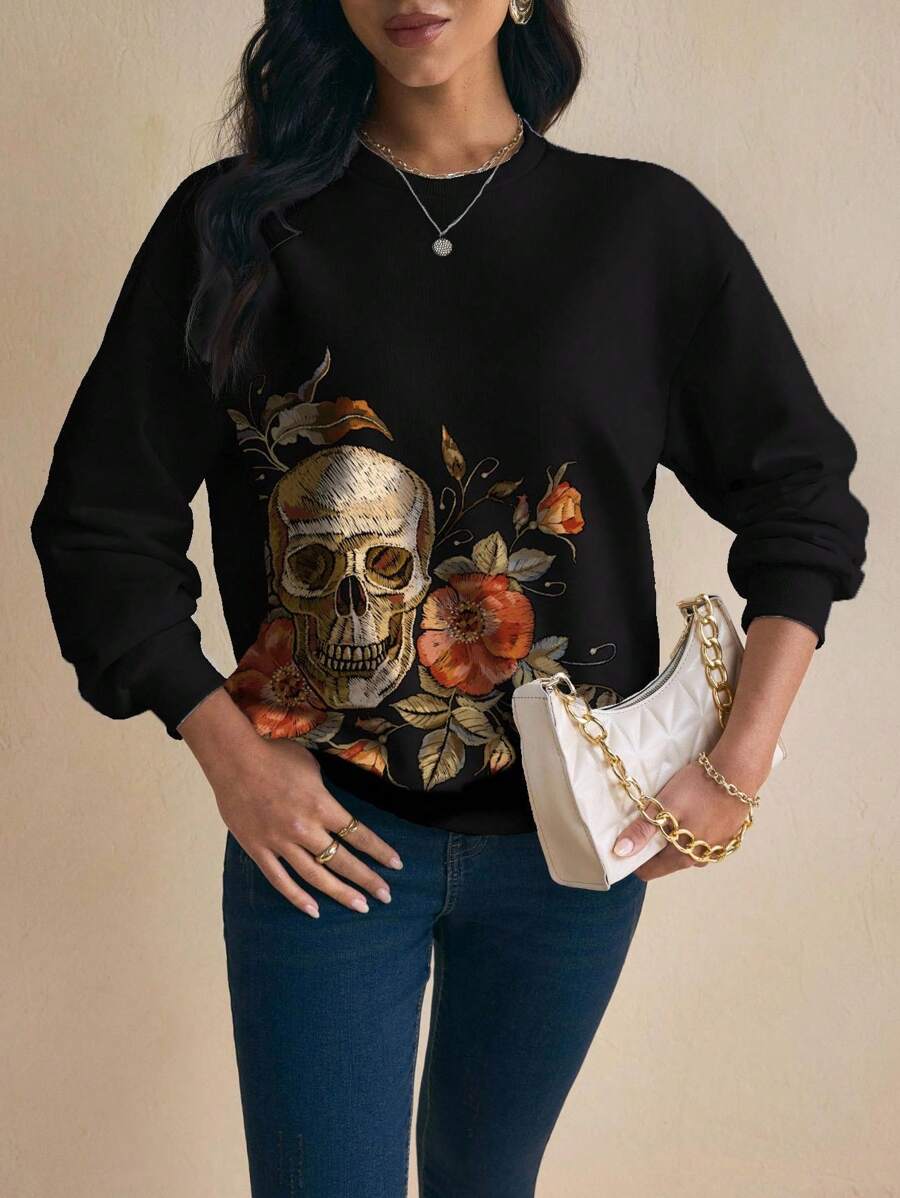 Shutterstock Glamance 女士休闲时尚印花宽松圆领长袖卫衣，骷髅头图案，万圣节主题，哥特风，基础款上衣 - 白色 - 查看 1