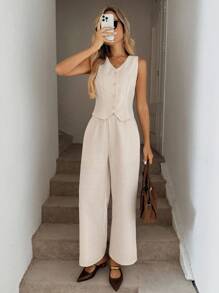 Easowa V 领不对称下摆纽扣前无袖衬衫背心和松紧腰侧袋阔腿裤套装，休闲宽松通勤风格，女士粗花呢面料 - 彩色 - 查看 4