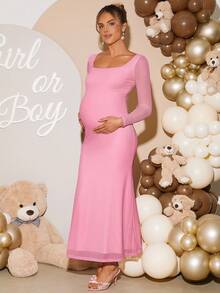 Loomaby 孕妇纯色方领长袖鱼尾下摆修身优雅连衣裙 - 粉色 - 查看 6