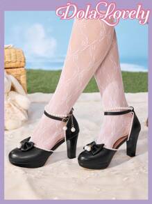 Dola Lovely Zapatos de tacón alto estilo Lolita con decoración de perla y lazo, zapatos de plataforma de punta redonda estilo princesa dulce para mujer - Negro - Ver 3