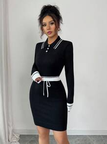 Elenzga 女式休闲领口抽绳腰部拼色毛衣裙，学院风，适合返校、圣诞节、新年、感恩节礼物 - 黑色 - 查看 3