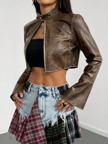 StreetHx Women's Gothic Vintage Washed PU Leather Jacket, Autumn/Winter Fall Cloth For Women - Rust Brown - View 6