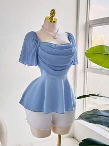 Sweetra Áo cánh voan xếp nếp lãng mạn thanh lịch cỡ lớn cho nữ, tay áo xếp nếp, cổ áo xếp nếp, viền xếp nếp ở eo - Màu xanh bụi bặm - Xem 2