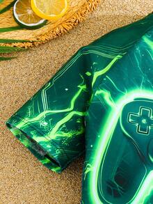 SHEIN Tween Boy Luminous Game Console Graphic Casual Beach One-Piece Swimsuit, Suitable For Seaside, Swimming Pool, Beach And Surfing Boys Swim Rash Guard Boys Swim Shirt Tween Boys Swim Shirt - Green - View 3