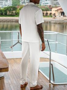 Manfinity Homme Men's Simple Solid Color Front Button Short Sleeve Shirt And Pants Set, Summer Men Cruise Outfit Men All White Beach Set Vacation Two Piece Set Men Men White Linen Outfit, Old Money, Cozy Outfits - White - View 2