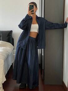 DAZY 女士翻领牛仔衬衫，长袖，宽松版型，后系带腰部设计，宽松长款牛仔裙，休闲牛仔套装 - 中等水洗藍 - 查看 3