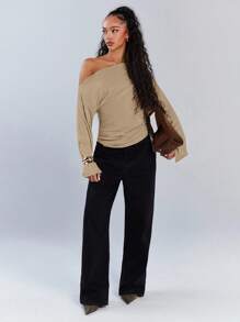 Athîral 女士休闲纯色不对称领抽绳上衣，秋季