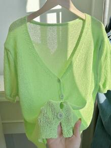 Comfortcana Plus Size Casual Solid Color Short Sleeve Lightweight Cardigan - Mint Green - View 1