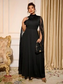 Cravure 永不过时：哥特式预科风，融入星期三的韵味。拥抱你内心的阴影，展现暗黑女性时尚。大码女式奢华派对宴会，优雅别致的设计，高端感修身披肩，超长袖蕾丝开衩，黑色高领长裙 - 黑色 - 查看 7